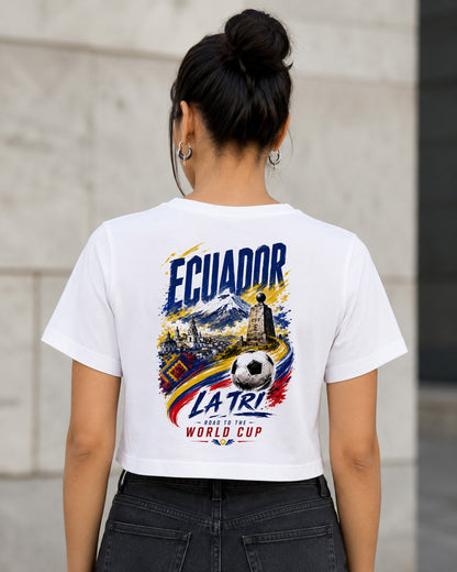 Ecuador WM Shirt 2026 – Frauen Crop Shirt Weiss, Rückenprint
