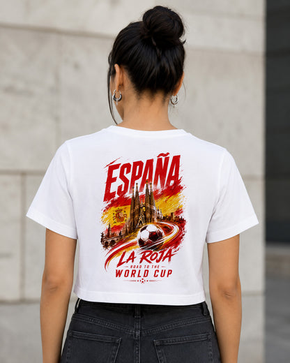 Spanien WM Shirt 2026 – Frauen Crop Shirt Weiss, Rückenprint