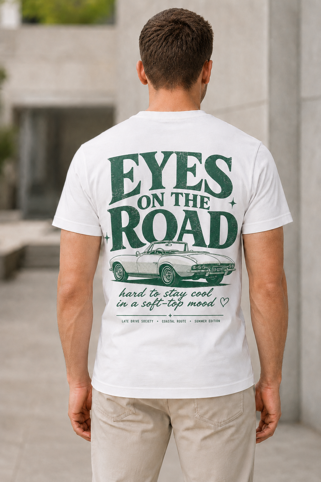 Eyes on the Road T-Shirt – Bio-Baumwolle Shirt Weiss, Rückenprint
