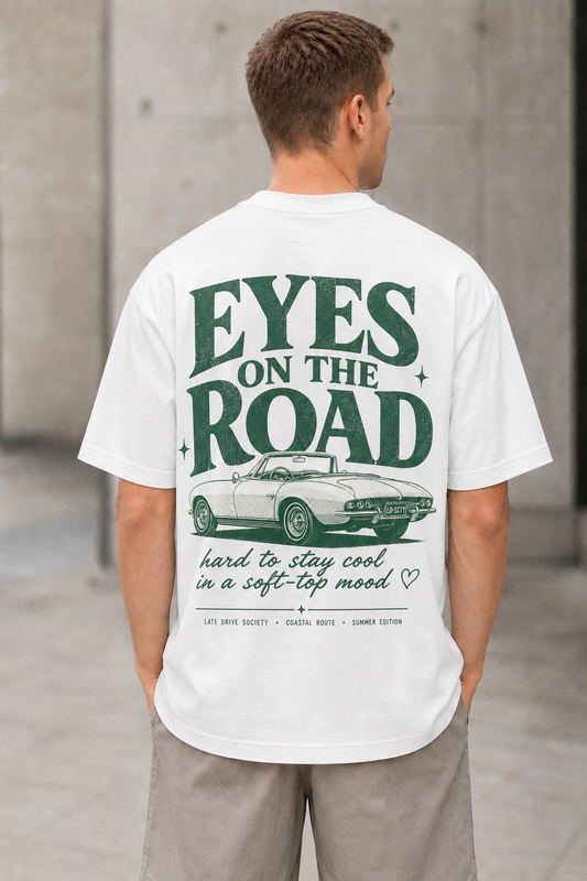 Eyes on the Road T-Shirt – Heavyweight Oversize Shirt Weiss, Rückenprint