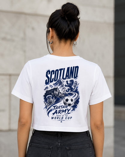 Schottland WM Shirt 2026 – Frauen Crop Shirt Weiss, Rückenprint