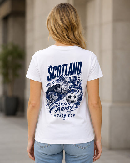 Schottland WM Shirt 2026 – Frauen Shirt Weiss, Rückenprint