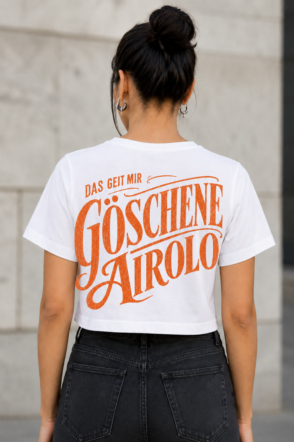 Göschene Airolo T-Shirt – Frauen Crop Shirt Weiss, Rückenprint