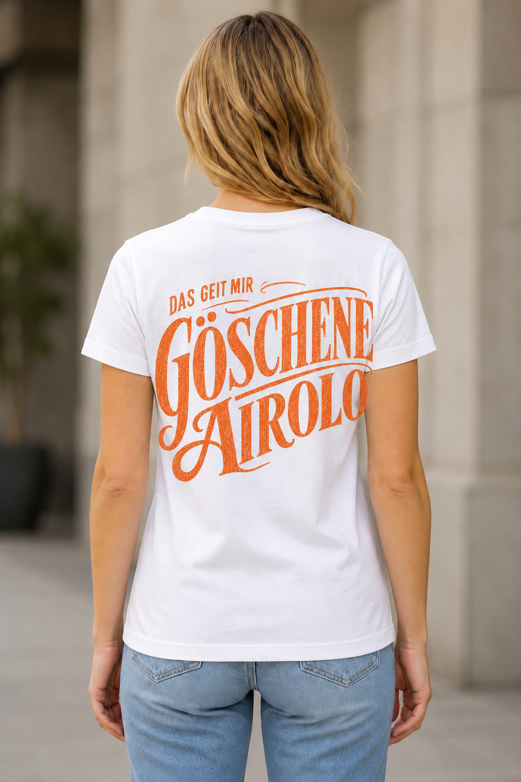 Göschene Airolo T-Shirt – Frauen Shirt Weiss, Rückenprint