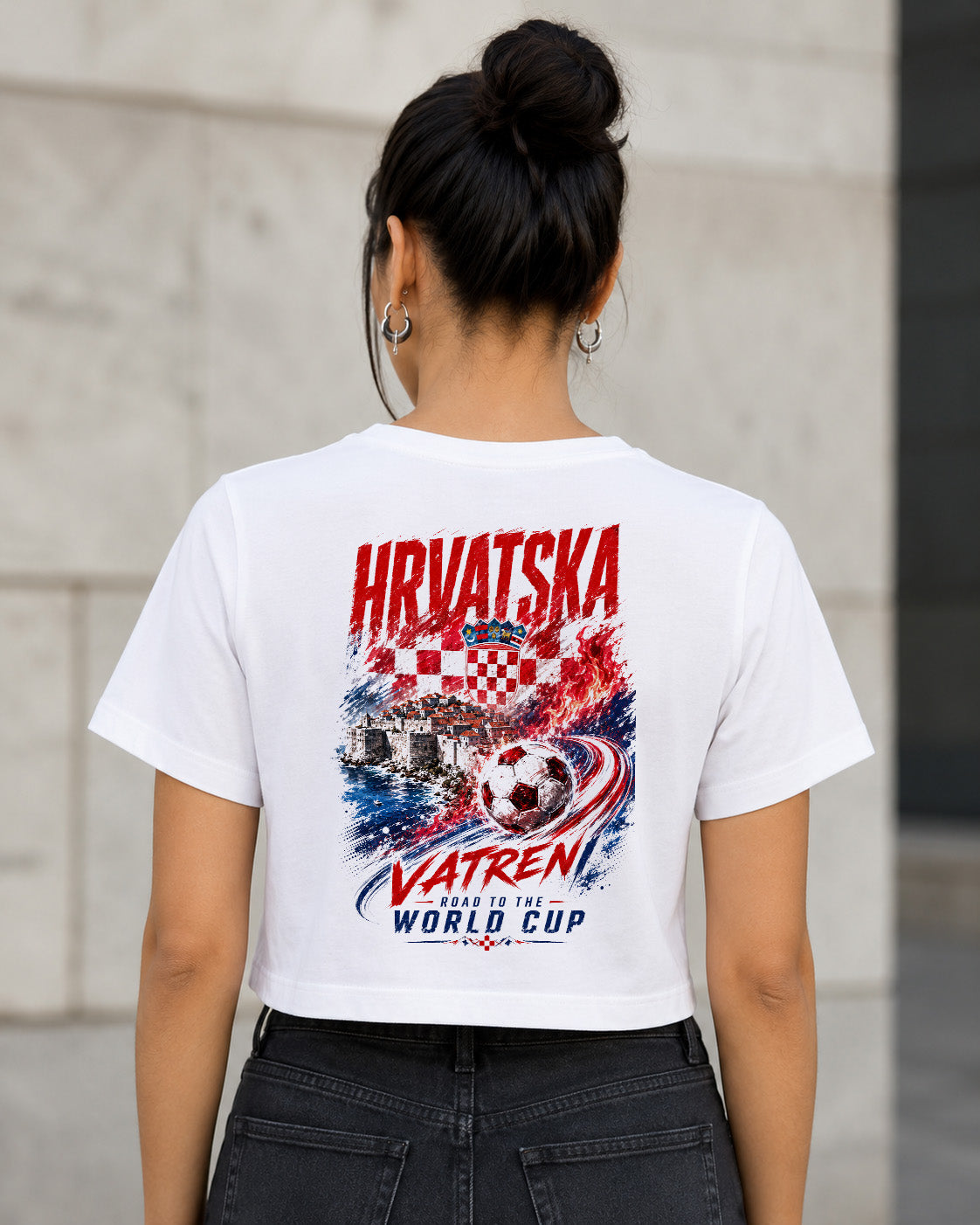Kroatien WM Shirt 2026 – Frauen Crop Shirt Weiss, Rückenprint
