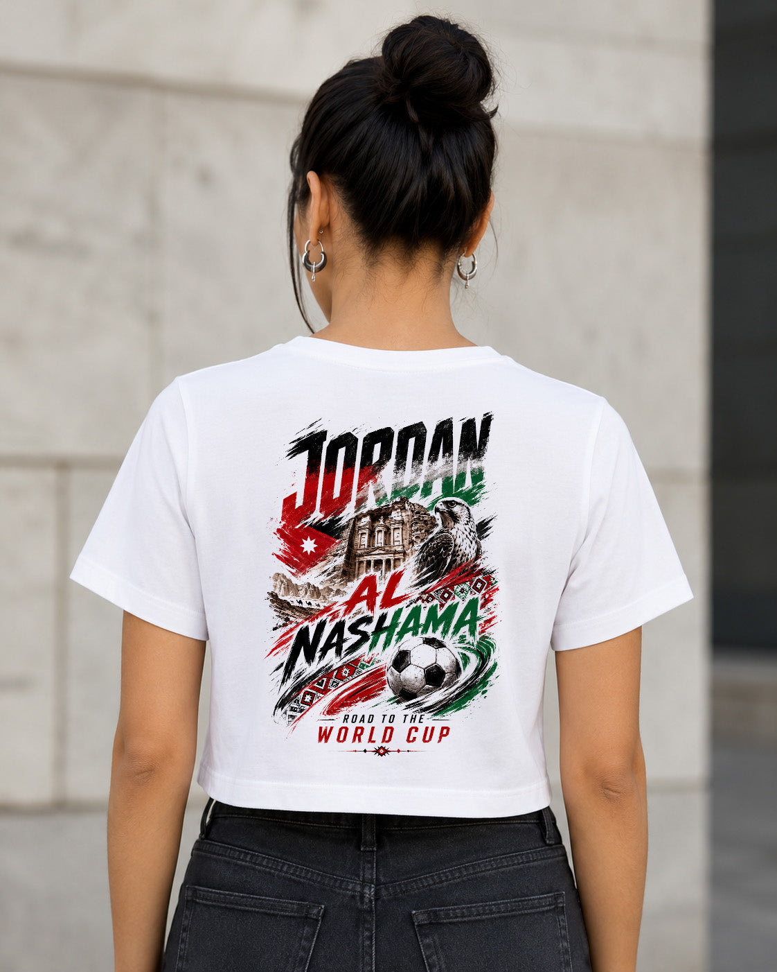 Jordanien WM Shirt 2026 – Frauen Crop Shirt Weiss, Rückenprint