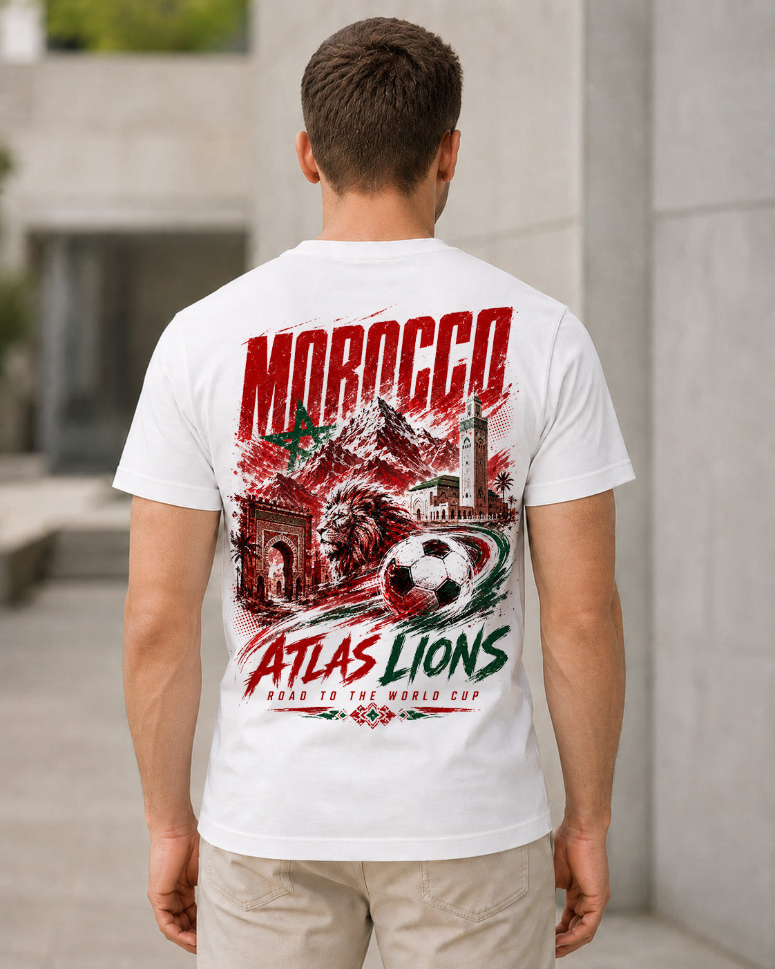 Marokko WM Shirt 2026 – Bio-Baumwolle Shirt Weiss, Rückenprint