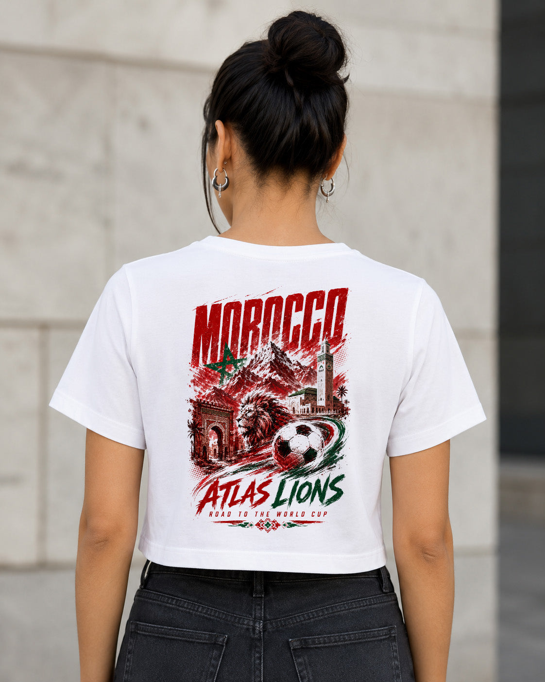 Marokko WM Shirt 2026 – Frauen Crop Shirt Weiss, Rückenprint