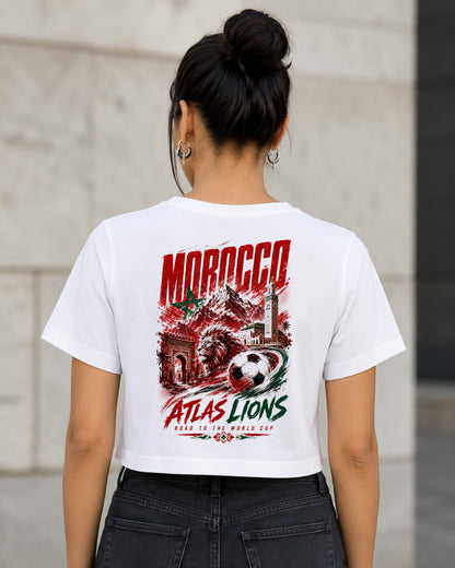 Marokko WM Shirt 2026 – Frauen Crop Shirt Weiss, Rückenprint