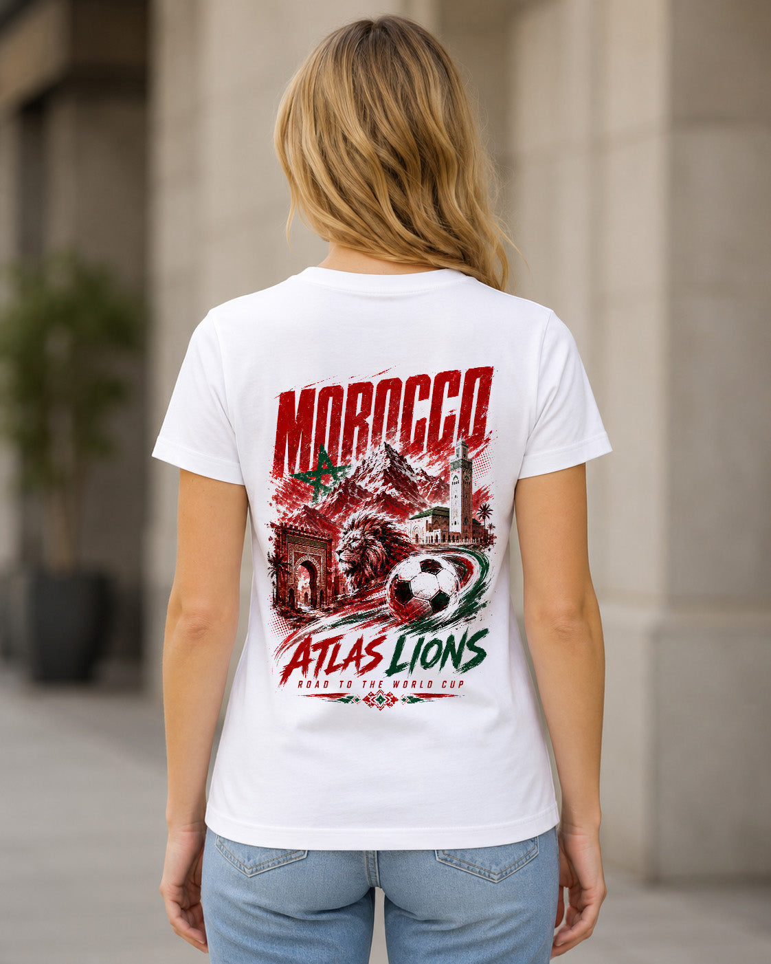 Marokko WM Shirt 2026 – Frauen Shirt Weiss, Rückenprint