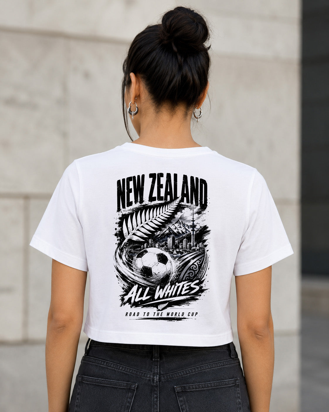 Neuseeland WM Shirt 2026 – Frauen Crop Shirt Weiss, Rückenprint