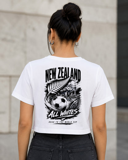 Neuseeland WM Shirt 2026 – Frauen Crop Shirt Weiss, Rückenprint