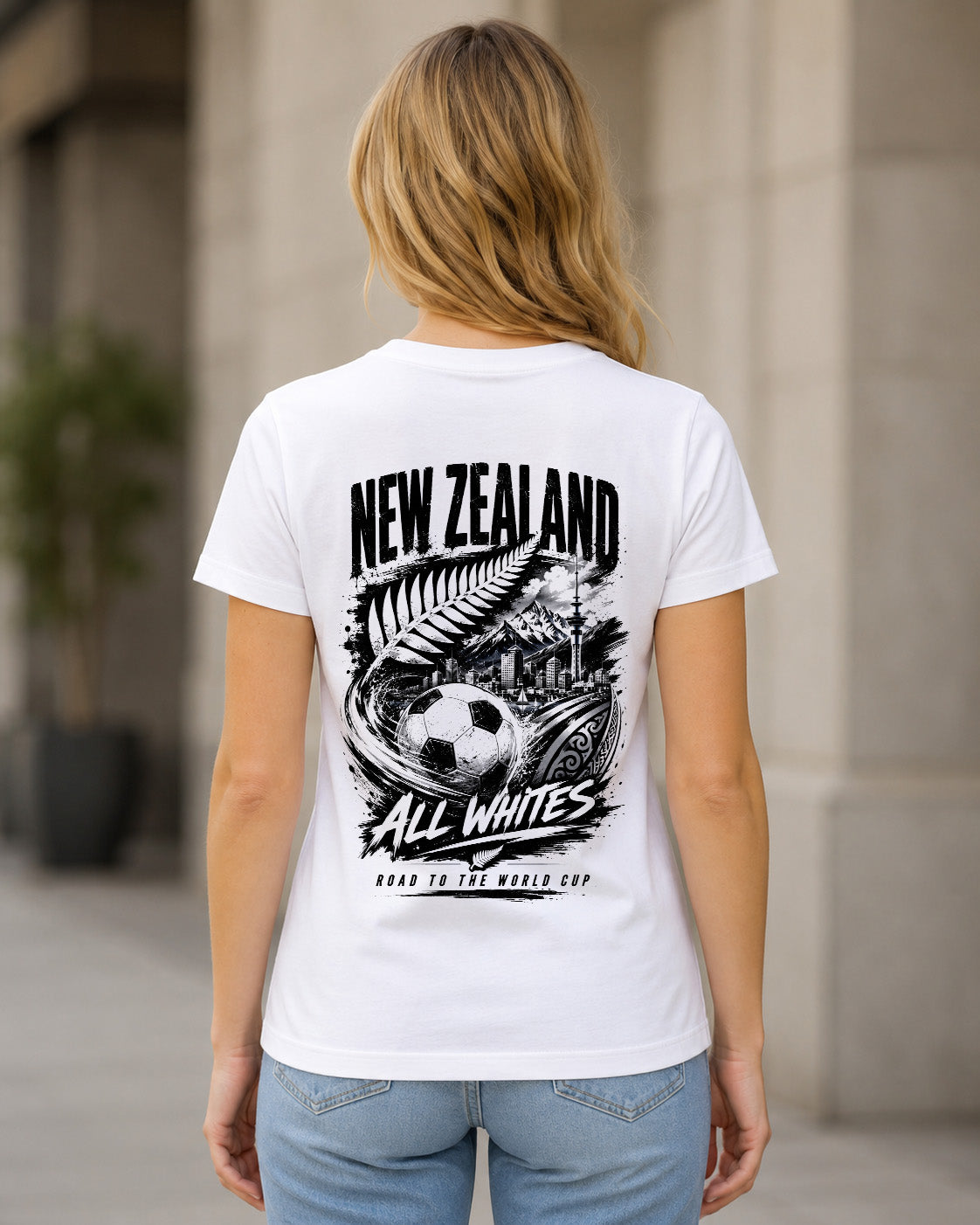 Neuseeland WM Shirt 2026 – Frauen Shirt Weiss, Rückenprint