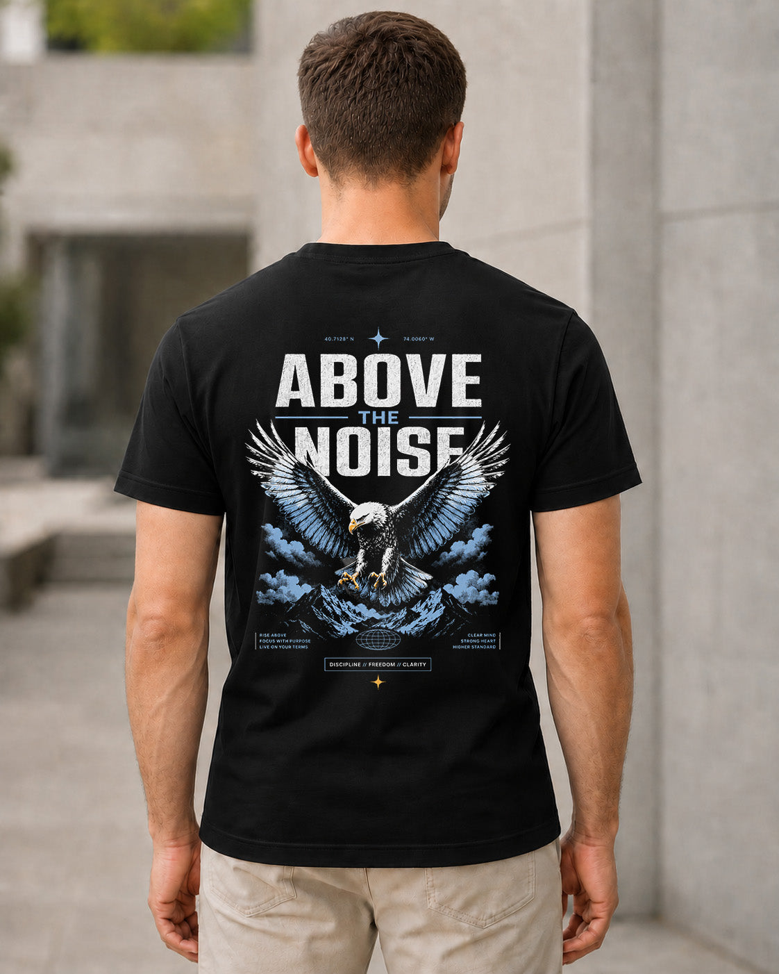 Above the Noise T-Shirt – Bio-Baumwolle Shirt Schwarz, Rückenprint