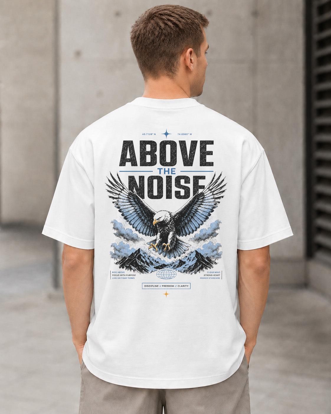 Above the Noise T-Shirt – Heavyweight Oversize Shirt Weiss, Rückenprint