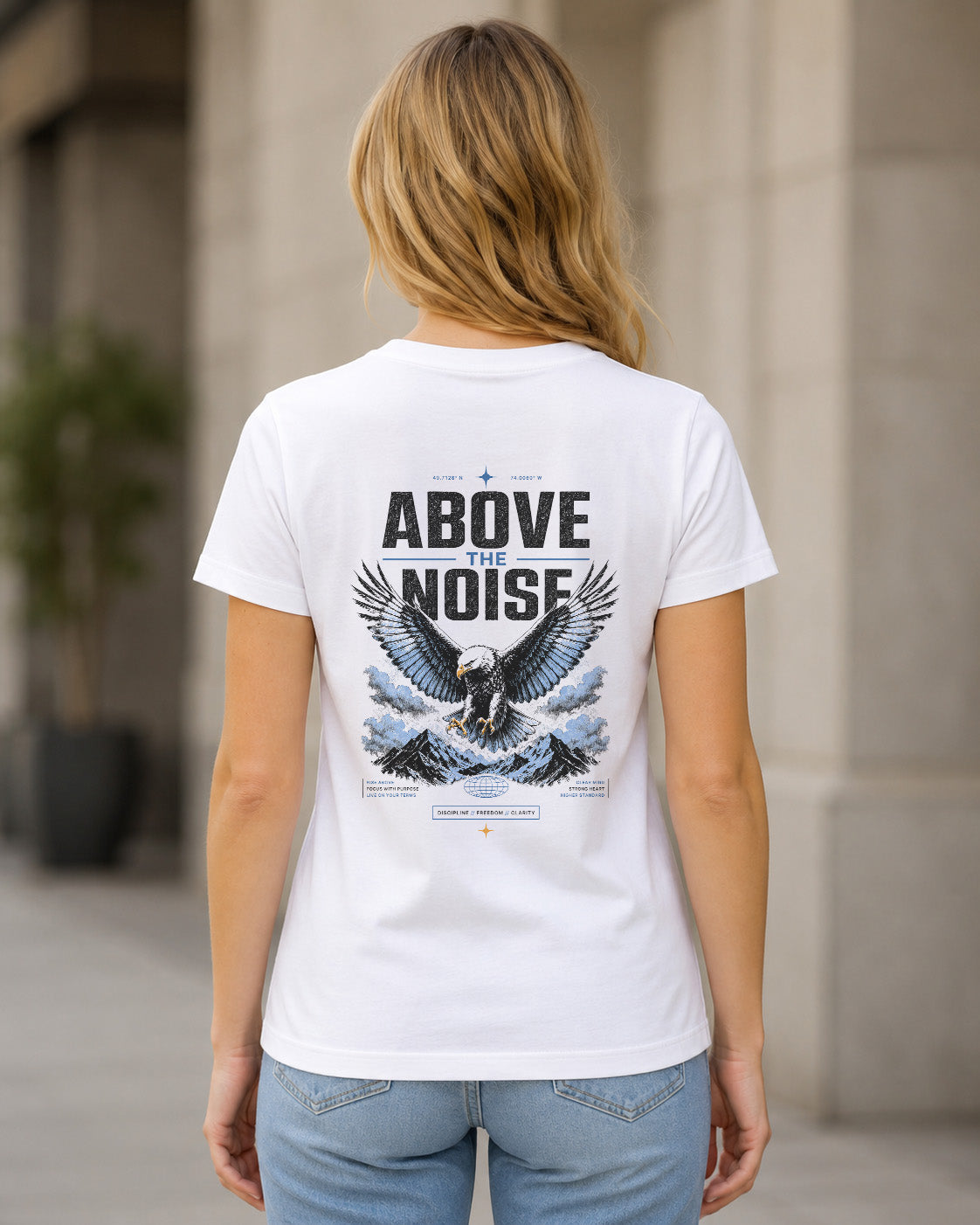 Above the Noise T-Shirt – Frauen Shirt Weiss, Rückenprint