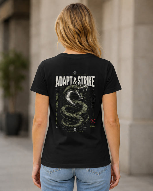 Adapt and Strike T-Shirt – Frauen Shirt Schwarz, Rückenprint