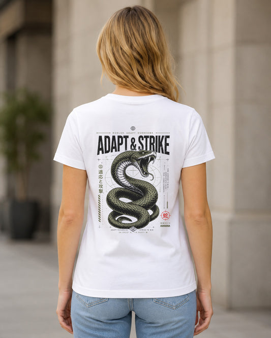 Adapt and Strike T-Shirt – Frauen Shirt Weiss, Rückenprint