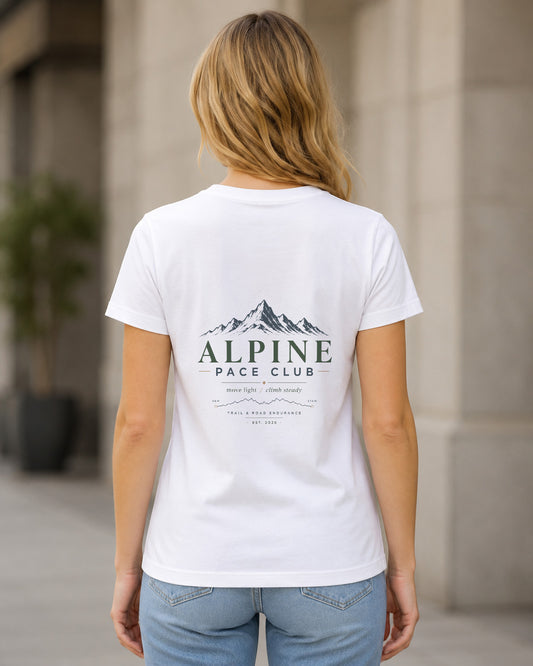Alpine Pace Club T-Shirt – Frauen Shirt Weiss, Rückenprint