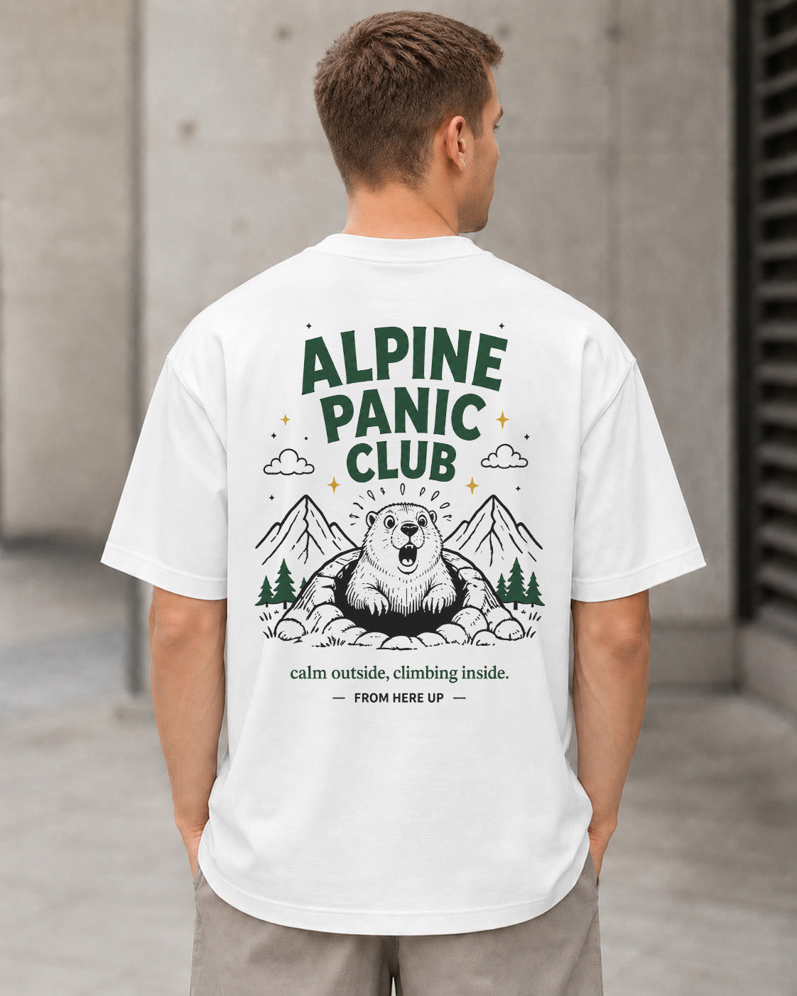 Alpine Panic Club T-Shirt – Heavyweight Oversize Shirt Weiss, Rückenprint
