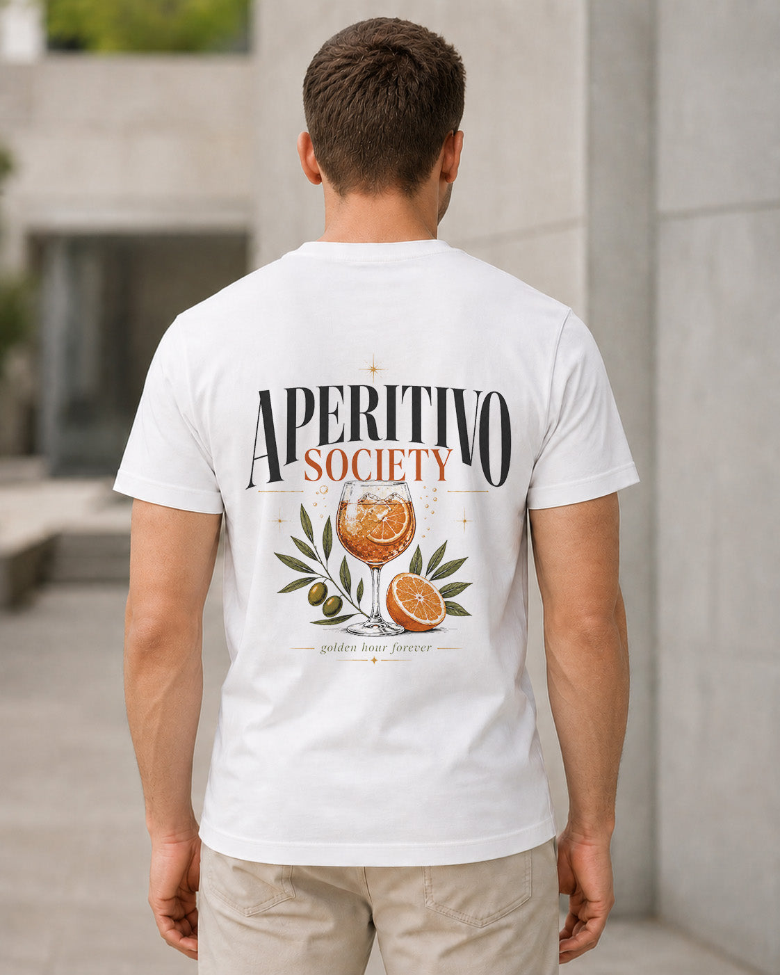 Aperitivo Society T-Shirt – Bio-Baumwolle Shirt Weiss, Rückenprint