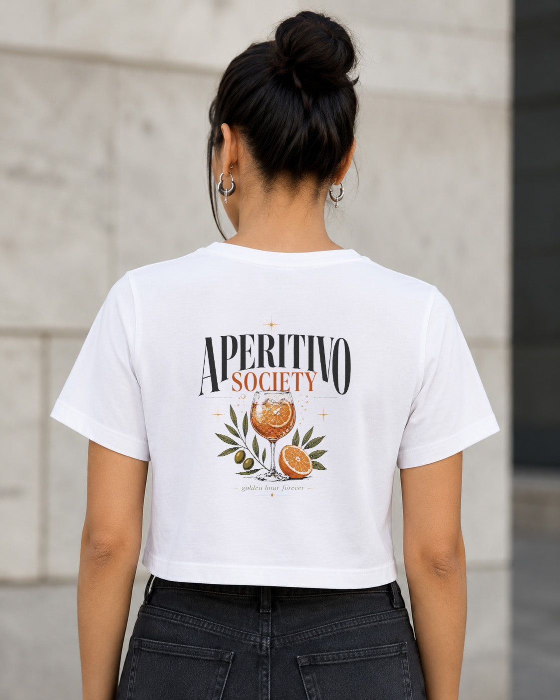 Aperitivo Society T-Shirt – Frauen Crop Shirt Weiss, Rückenprint
