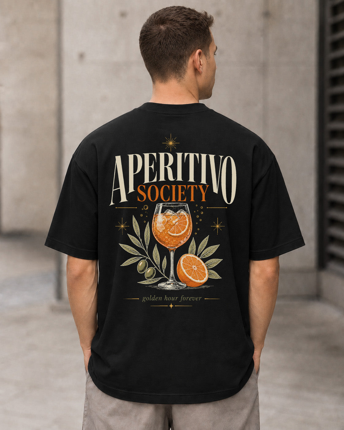 Aperitivo Society T-Shirt – Heavyweight Oversize Shirt Schwarz, Rückenprint