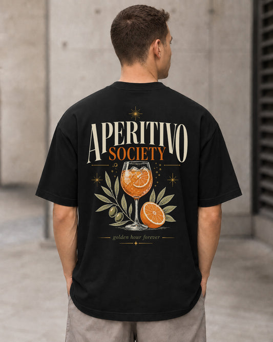 Aperitivo Society T-Shirt – Heavyweight Oversize Shirt Schwarz, Rückenprint