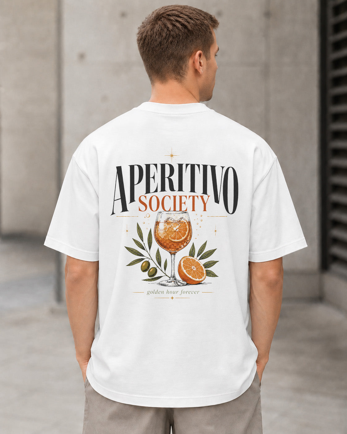 Aperitivo Society T-Shirt – Heavyweight Oversize Shirt Weiss, Rückenprint