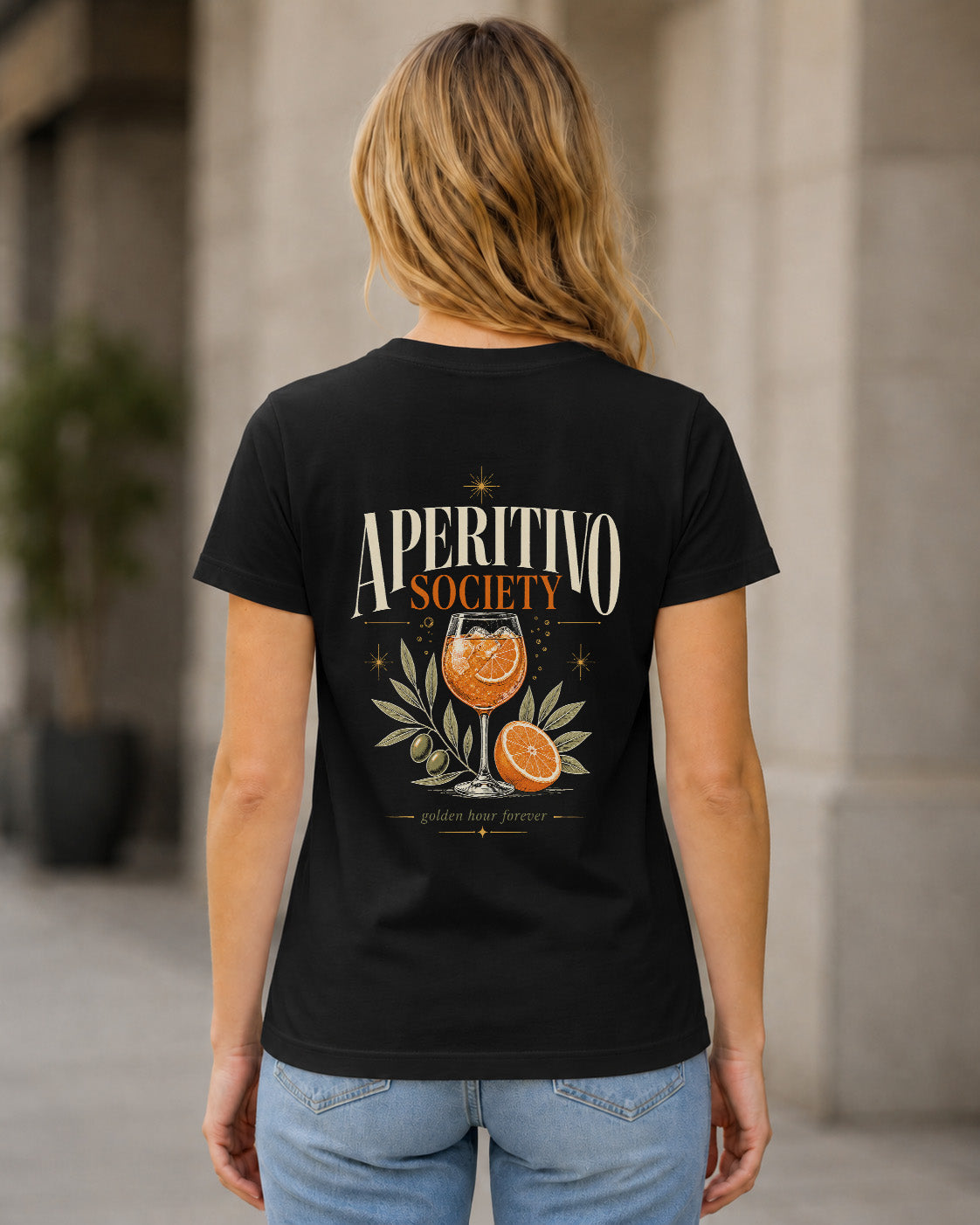 Aperitivo Society T-Shirt – Frauen Shirt Schwarz, Rückenprint