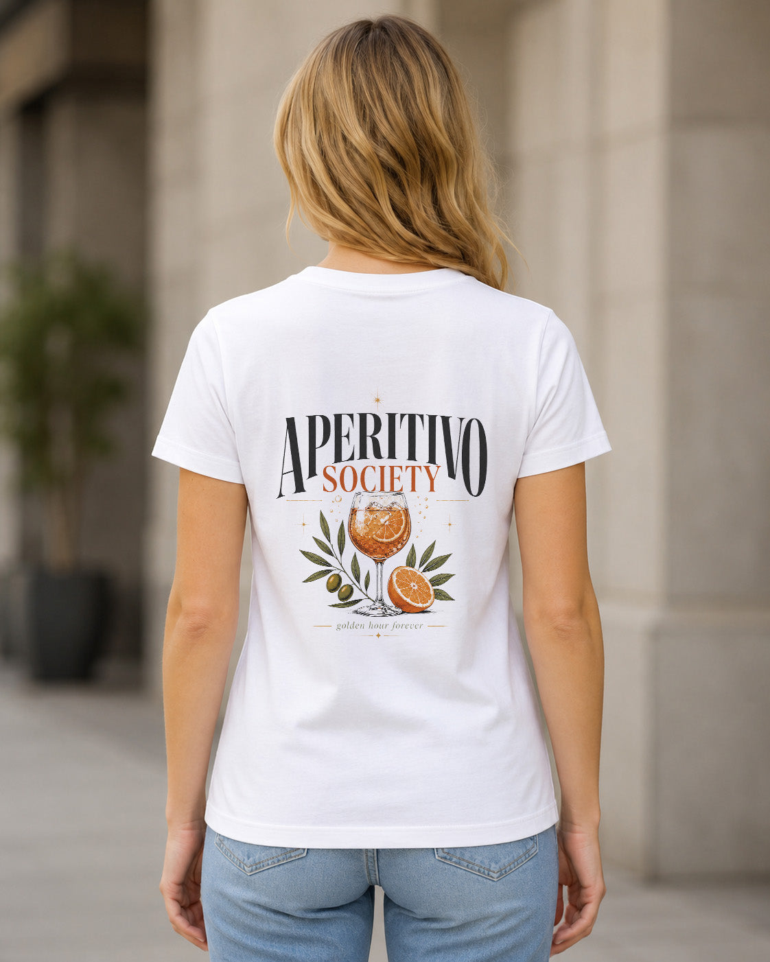 Aperitivo Society T-Shirt – Frauen Shirt Weiss, Rückenprint
