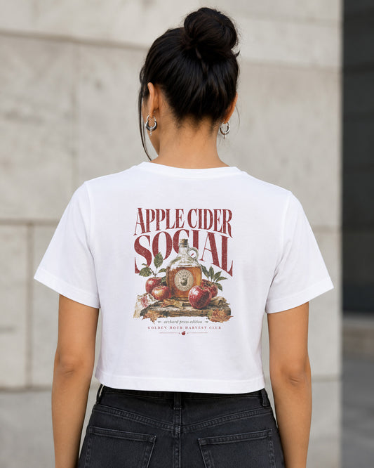 Apple Cider Social T-Shirt – Frauen Crop Shirt Weiss, Rückenprint