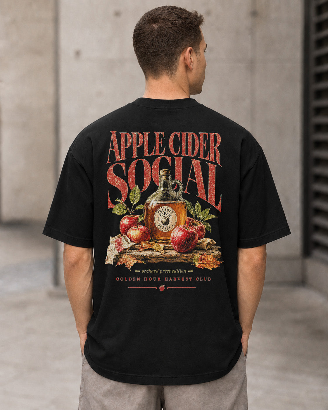 Apple Cider Social T-Shirt – Heavyweight Oversize Shirt Schwarz, Rückenprint