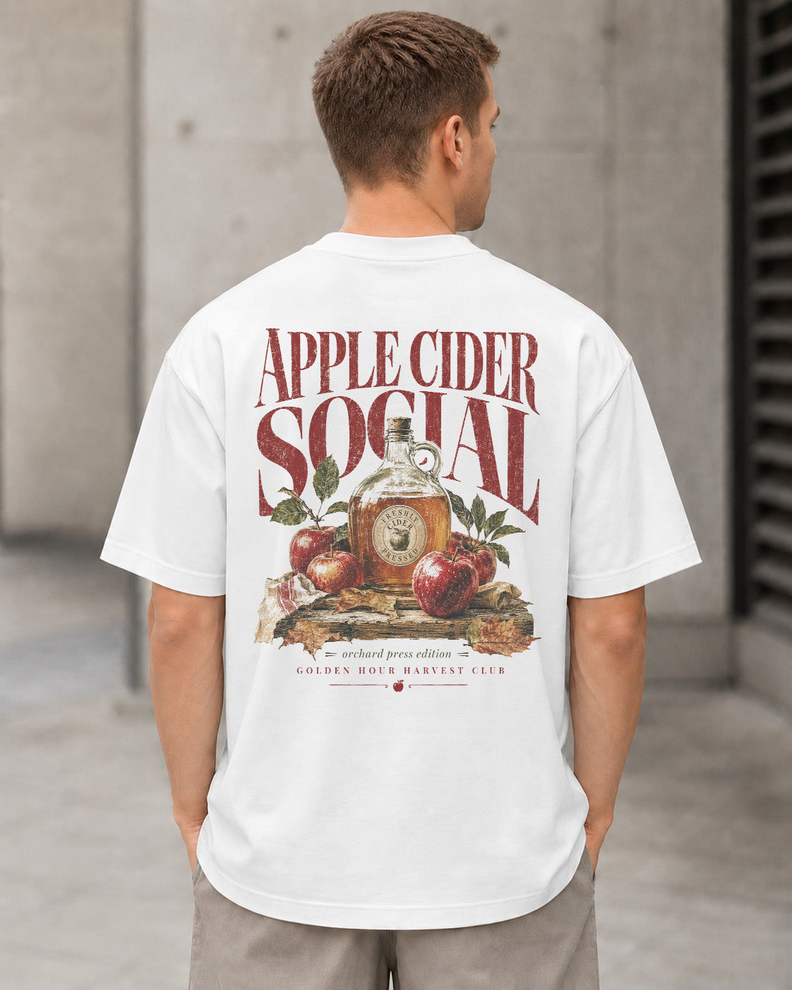 Apple Cider Social T-Shirt – Heavyweight Oversize Shirt Weiss, Rückenprint