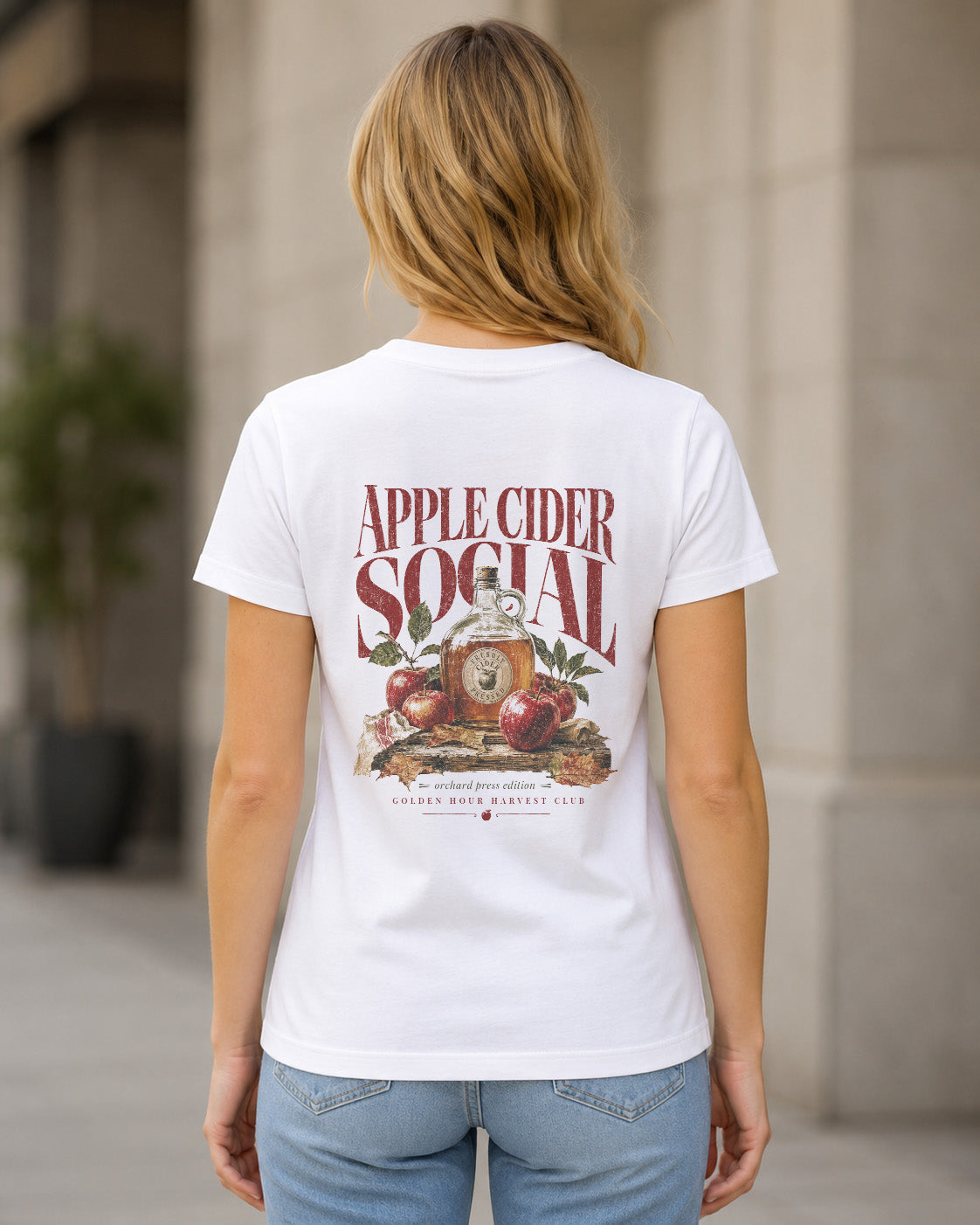 Apple Cider Social T-Shirt – Frauen Shirt Weiss, Rückenprint