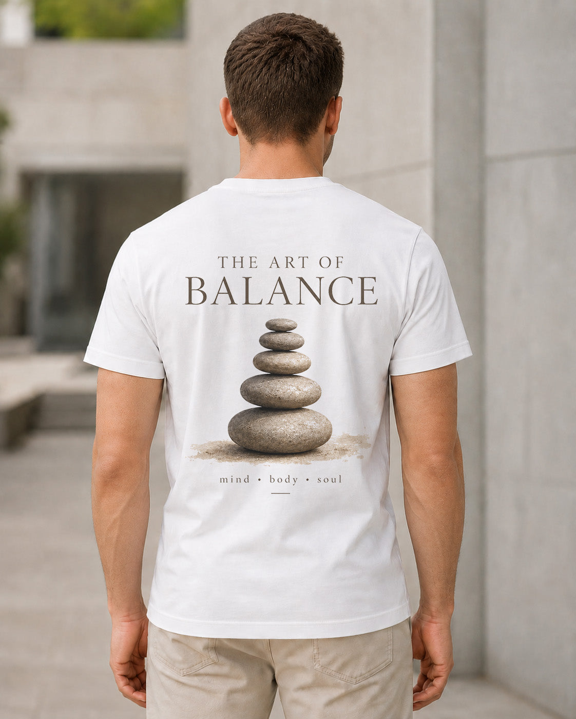 Art of Balance T-Shirt – Bio-Baumwolle Shirt Weiss, Rückenprint