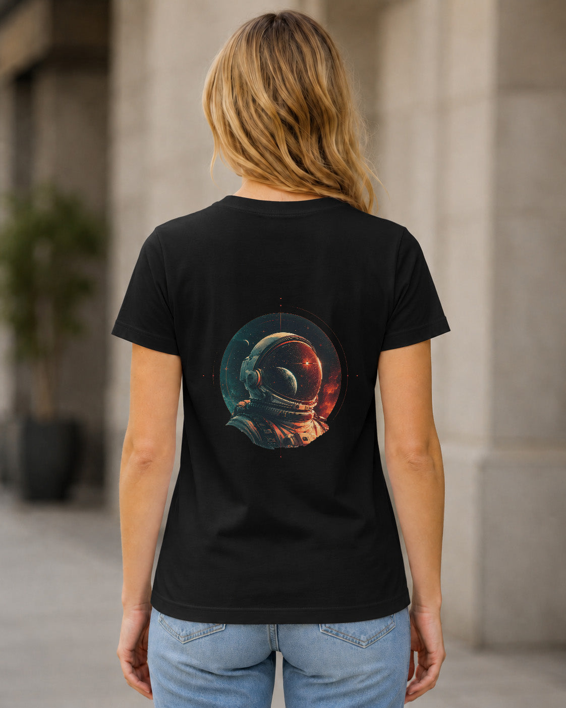 Astronaut T-Shirt – Frauen Shirt Schwarz, Rückenprint