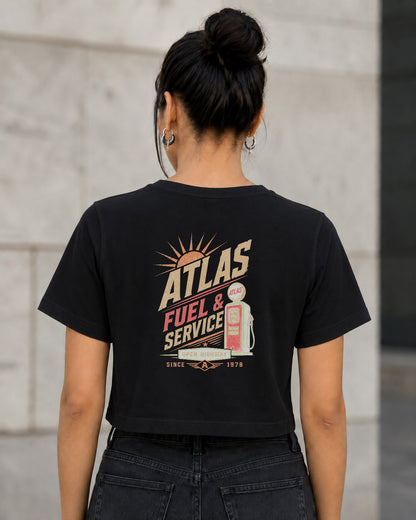 Atlas T-Shirt – Frauen Crop Shirt Schwarz, Rückenprint