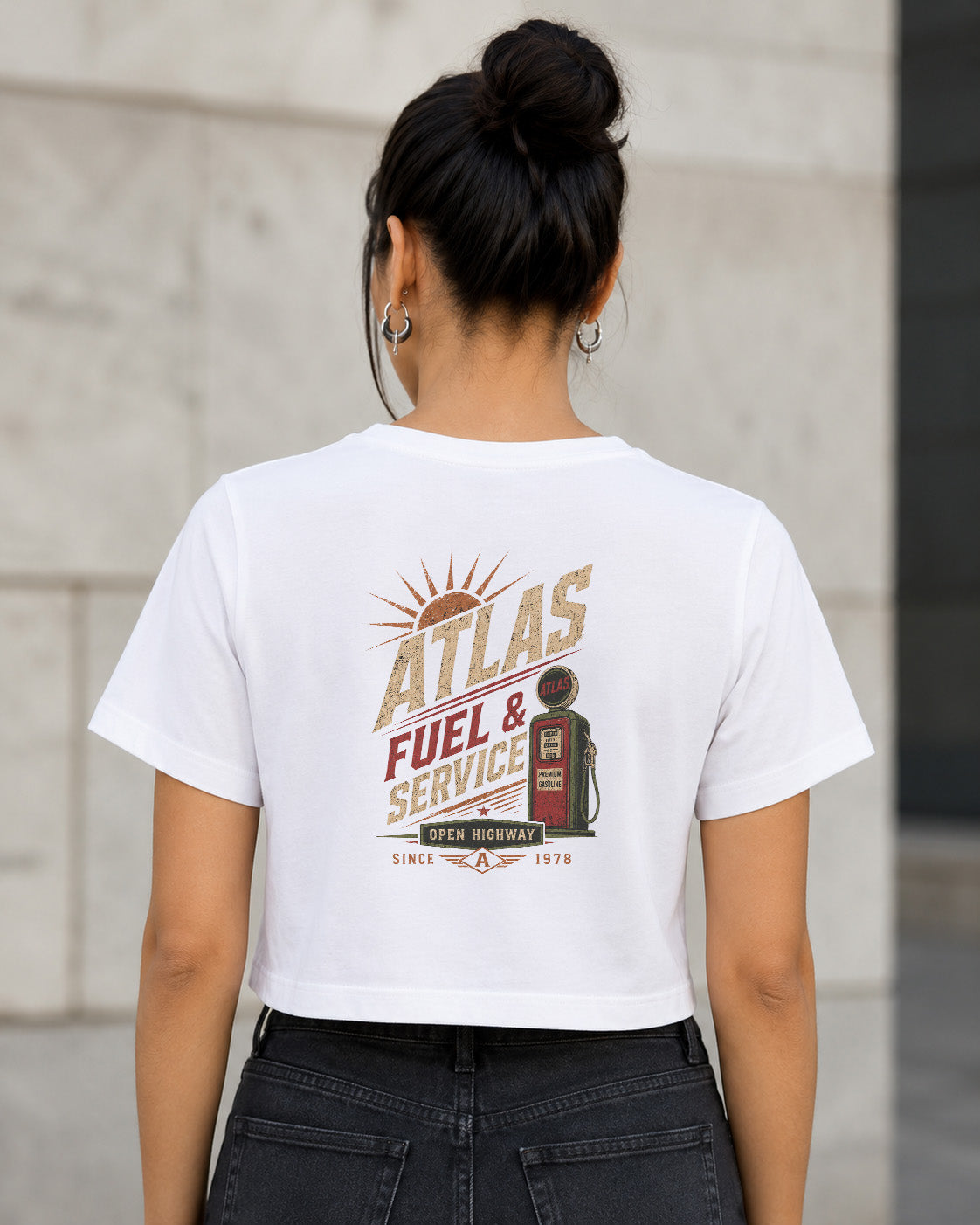 Atlas T-Shirt – Frauen Crop Shirt Weiss, Rückenprint