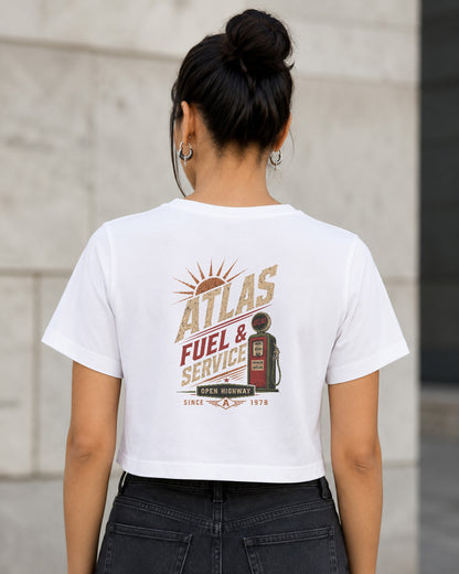 Atlas T-Shirt – Frauen Crop Shirt Weiss, Rückenprint