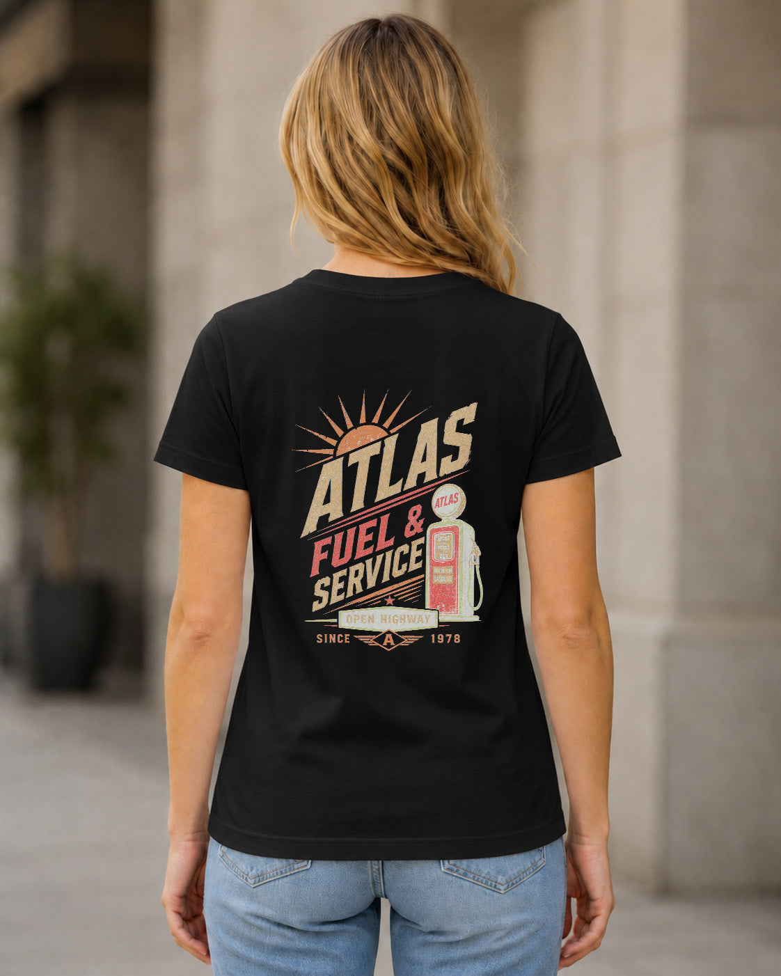 Atlas T-Shirt – Frauen Shirt Schwarz, Rückenprint