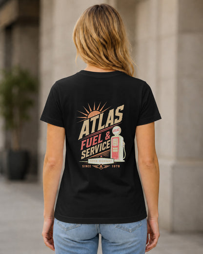 Atlas T-Shirt – Frauen Shirt Schwarz, Rückenprint