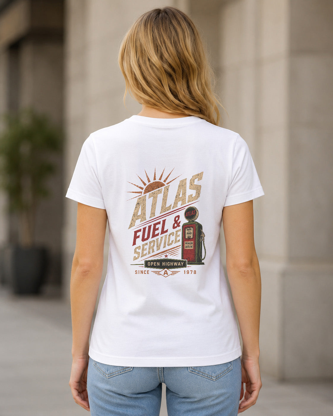 Atlas T-Shirt – Frauen Shirt Weiss, Rückenprint