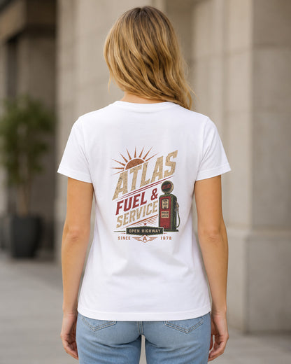 Atlas T-Shirt – Frauen Shirt Weiss, Rückenprint