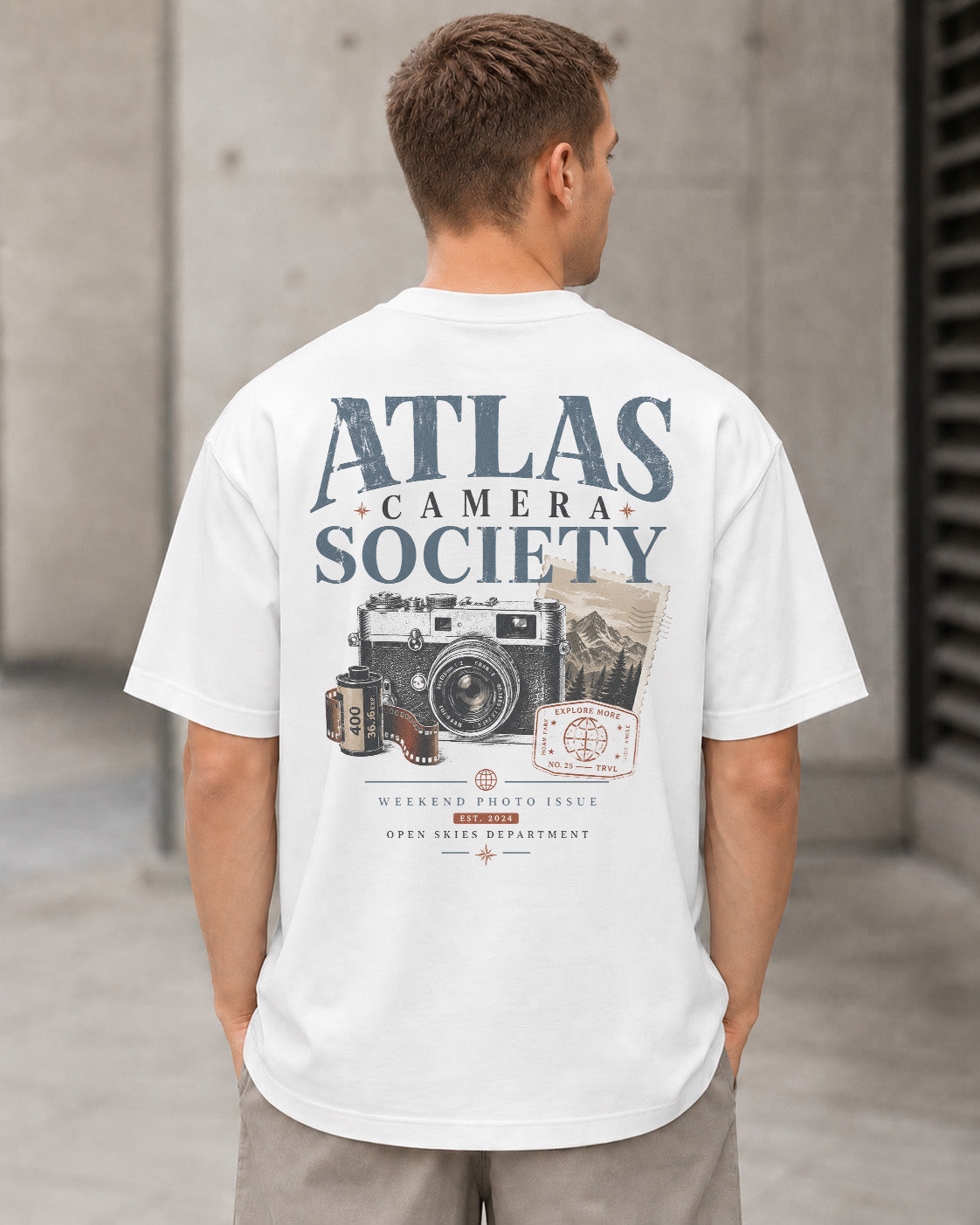 Atlas Camera Society T-Shirt – Heavyweight Oversize Shirt Weiss, Rückenprint