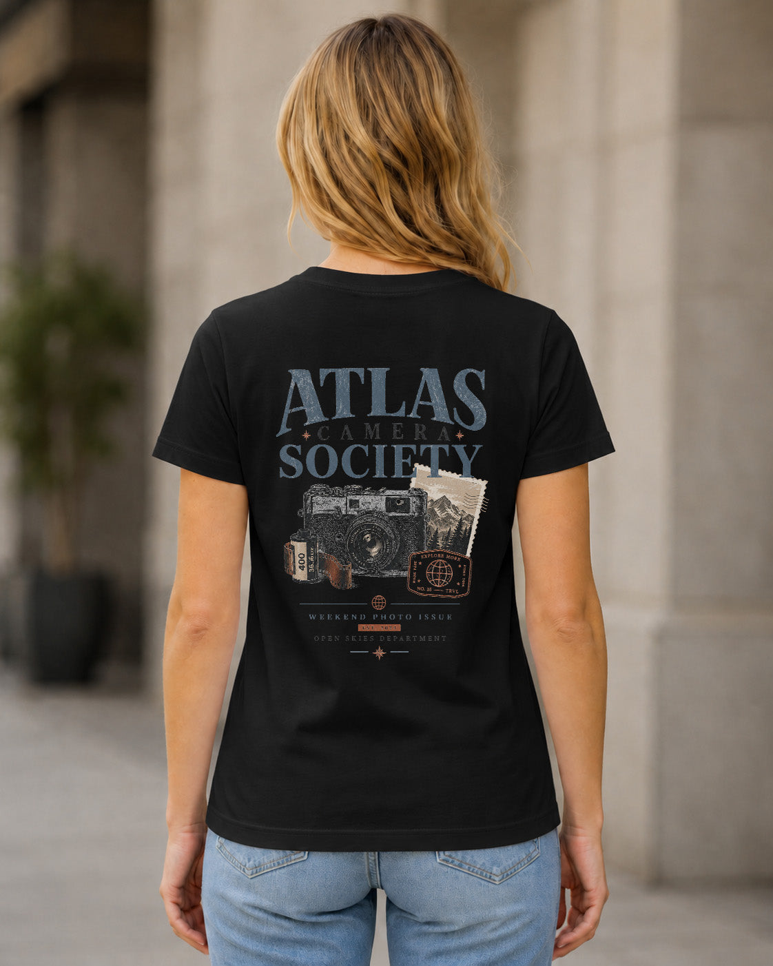 Atlas Camera Society T-Shirt – Frauen Shirt Schwarz, Rückenprint