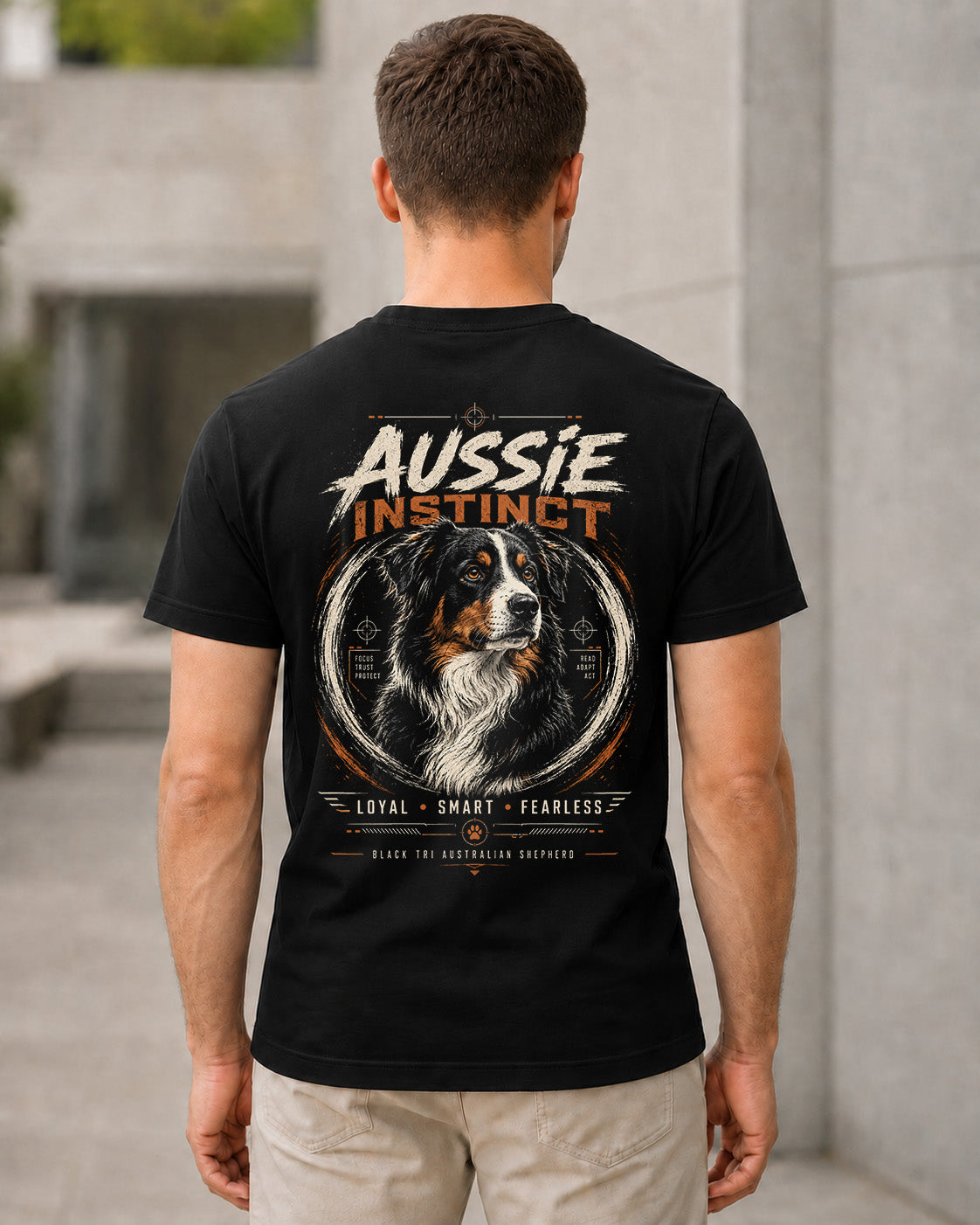 Aussie Instinct T-Shirt – Bio-Baumwolle Shirt Schwarz, Rückenprint