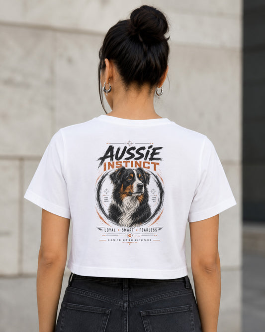 Aussie Instinct T-Shirt – Frauen Crop Shirt Weiss, Rückenprint