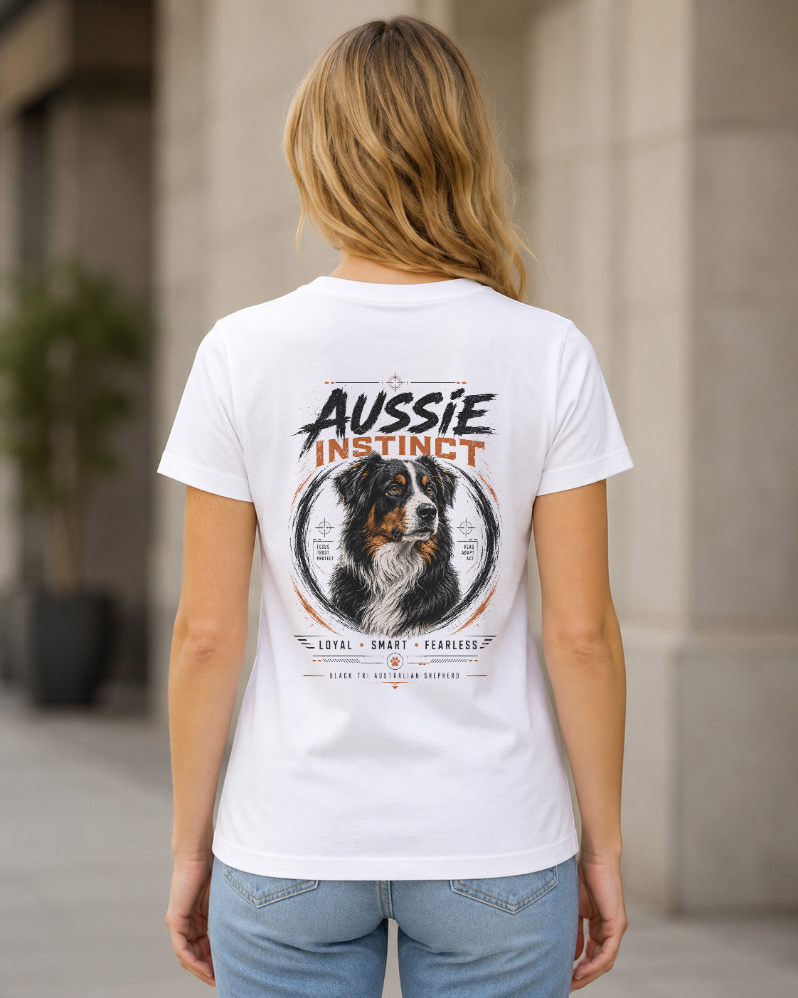 Aussie Instinct T-Shirt – Frauen Shirt Weiss, Rückenprint