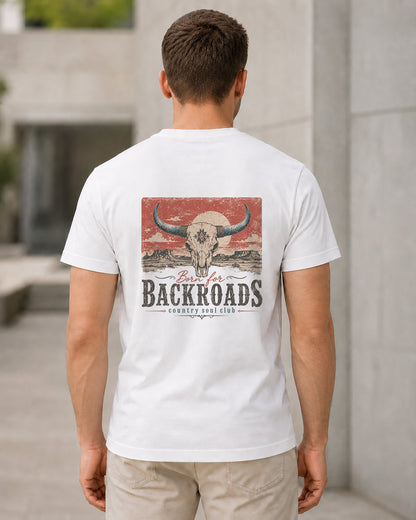 Backroads T-Shirt – Bio-Baumwolle Shirt Weiss, Rückenprint